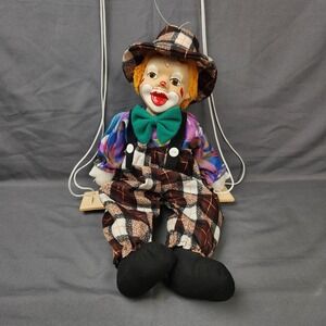 Vintage Monarch Collection Clown Porcelain 12" Puppet Marionette on Wooden Swing